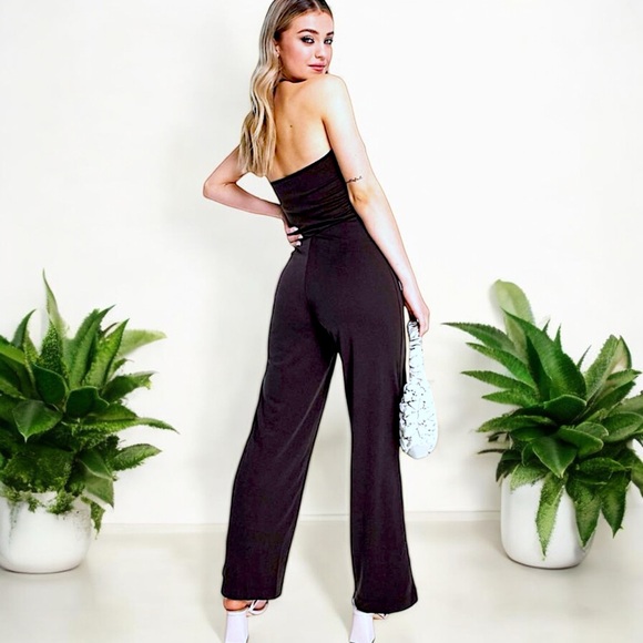 Black with Silver Ring Tie Neck Sleeveless Halter Wide Leg Jumpsuit - Picture 4 of 16